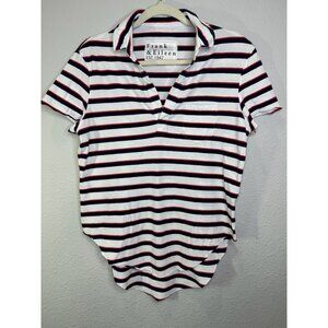 Frank & Eileen Charlotte Striped Polo Shirt M Cotton White Navy Red Made In USA
